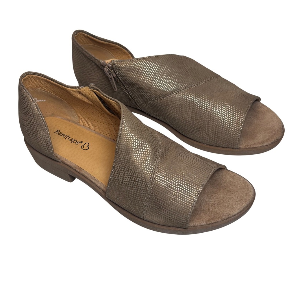 Baretraps Sedina Sandals Womens 7M‎ Bronze Metallic Snake Print Zip Flat Casual